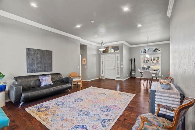 living room featuring dark wood-type flooring and ornamental molding