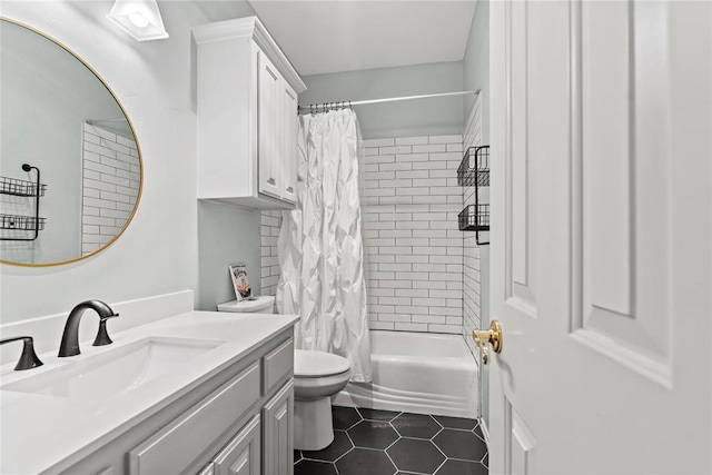 full bathroom with vanity, shower / tub combo, tile patterned floors, and toilet