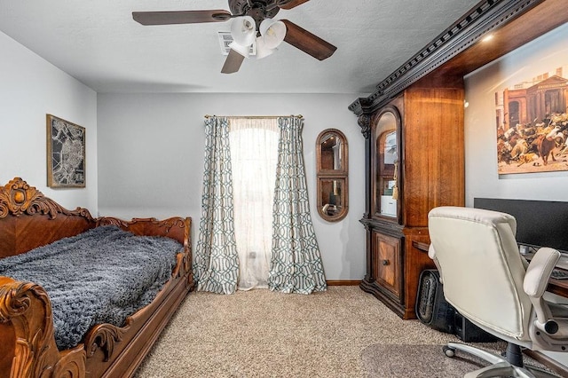 bedroom with light carpet, a textured ceiling, and a ceiling fan