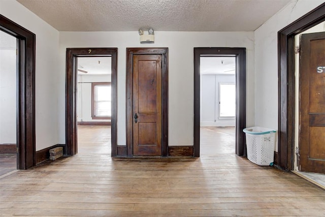 hall featuring a textured ceiling, light hardwood / wood-style flooring, and plenty of natural light