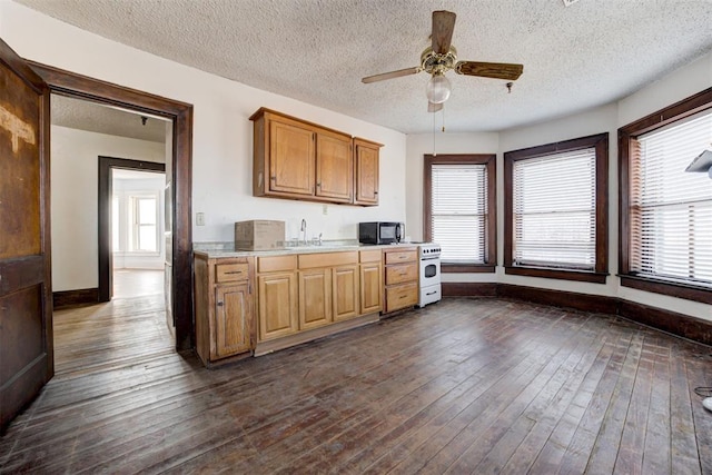 kitchen with ceiling fan, sink, a textured ceiling, and dark hardwood / wood-style floors