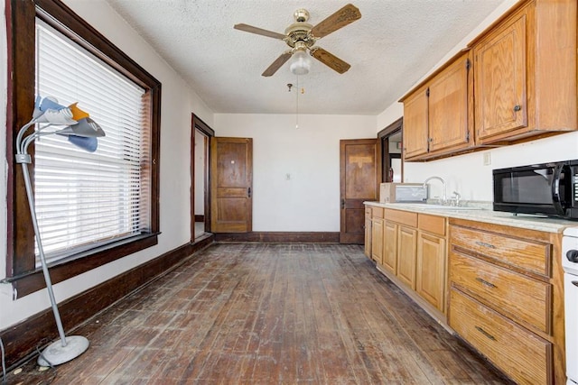 kitchen featuring ceiling fan, sink, a textured ceiling, and dark hardwood / wood-style flooring