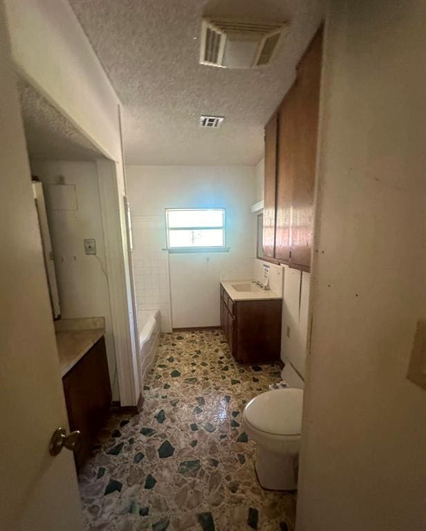 bathroom featuring vanity, toilet, and a textured ceiling