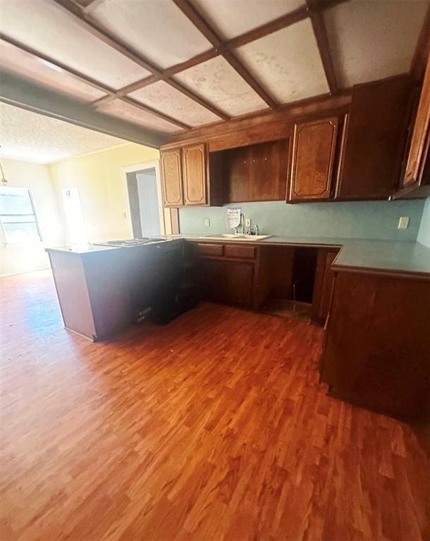 kitchen with sink, kitchen peninsula, and dark hardwood / wood-style flooring