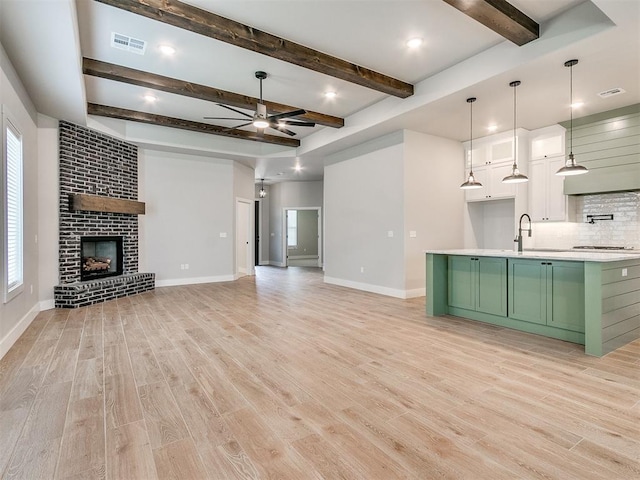 kitchen with light wood finished floors, visible vents, decorative backsplash, white cabinets, and green cabinetry