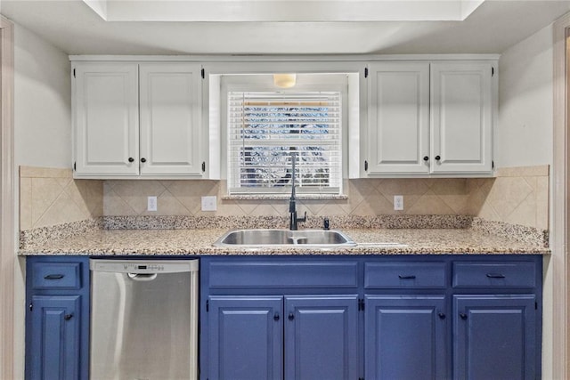 kitchen with white cabinets, dishwasher, blue cabinets, and sink