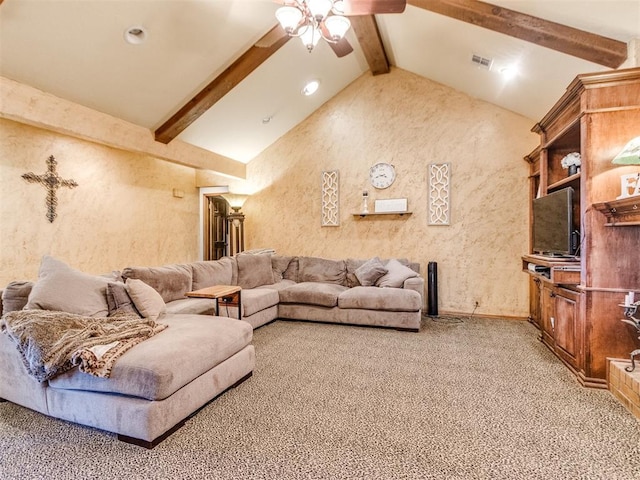 carpeted living room featuring ceiling fan and lofted ceiling with beams