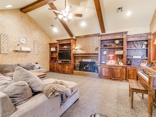 living room featuring ceiling fan, light colored carpet, a brick fireplace, high vaulted ceiling, and beamed ceiling