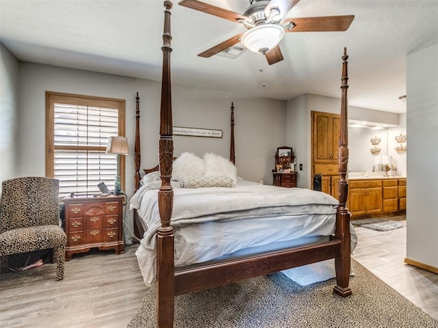 bedroom featuring ceiling fan and light hardwood / wood-style flooring