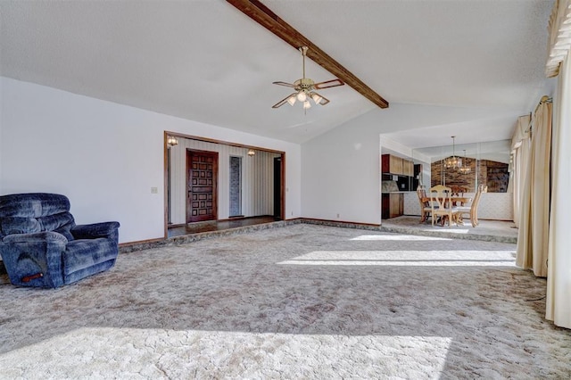 living room featuring vaulted ceiling with beams, ceiling fan, and carpet