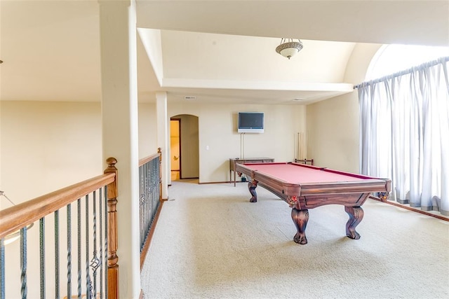 game room with light carpet, billiards, and lofted ceiling