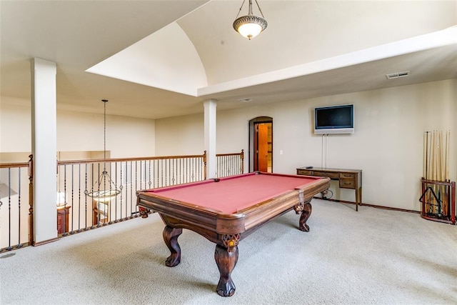 rec room with high vaulted ceiling, carpet floors, and billiards