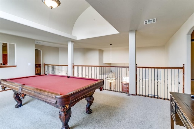 playroom featuring carpet floors, pool table, and vaulted ceiling