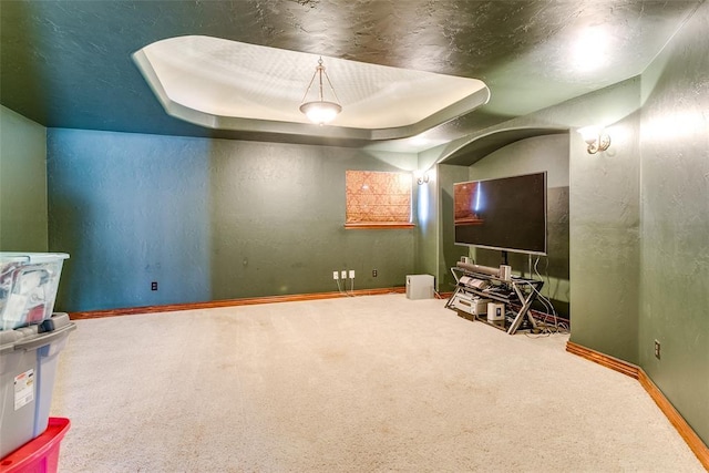 carpeted cinema room featuring a tray ceiling