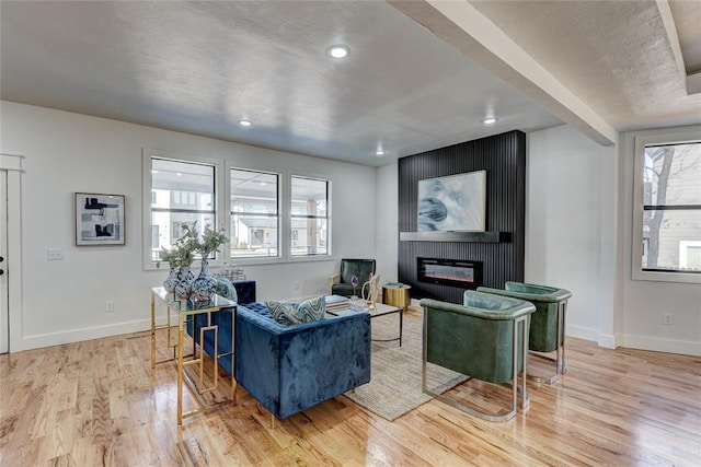 living room featuring light wood-type flooring and a fireplace