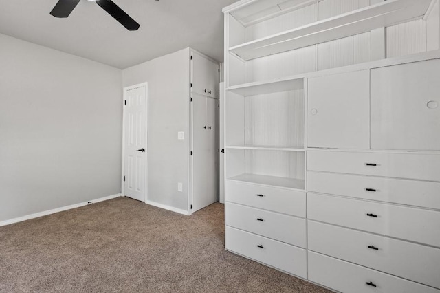 interior space with ceiling fan and carpet flooring