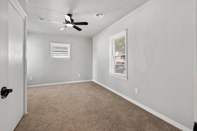 spare room with ceiling fan, a wealth of natural light, carpet floors, and a textured ceiling