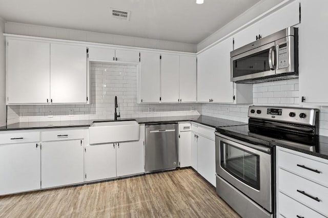 kitchen with decorative backsplash, sink, white cabinets, and appliances with stainless steel finishes