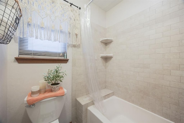 bathroom featuring toilet and shower / bathtub combination with curtain