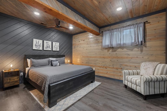 bedroom featuring dark wood-type flooring, wood ceiling, and wood walls