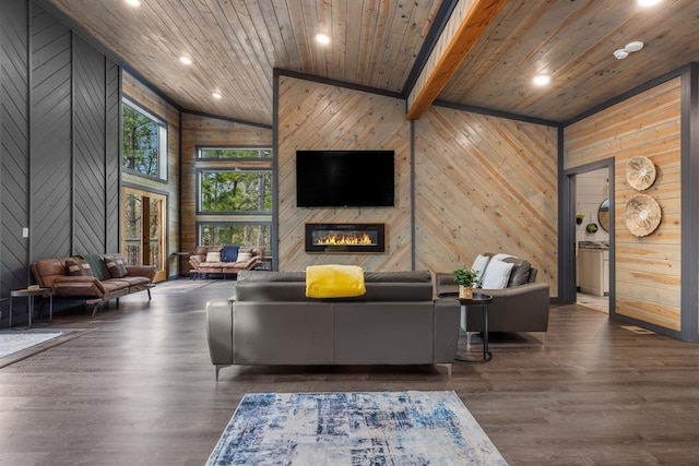 living room with wooden ceiling, wood walls, and beamed ceiling