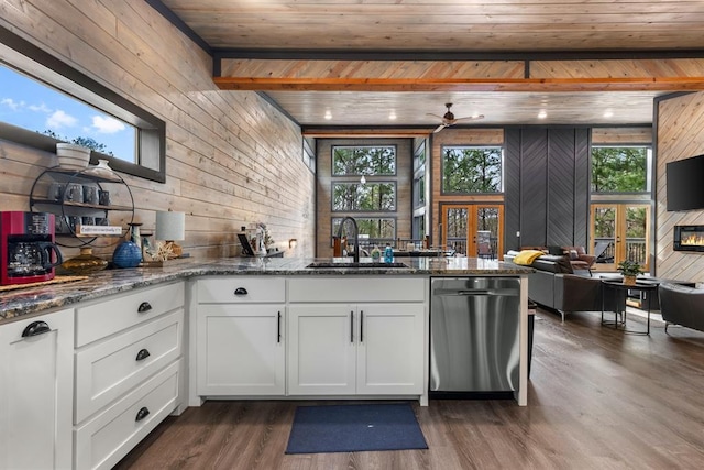 kitchen featuring wood ceiling, wooden walls, dishwashing machine, dark stone counters, and sink