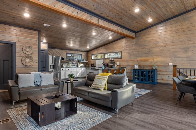 living room featuring dark wood-type flooring, lofted ceiling, wood ceiling, and wooden walls