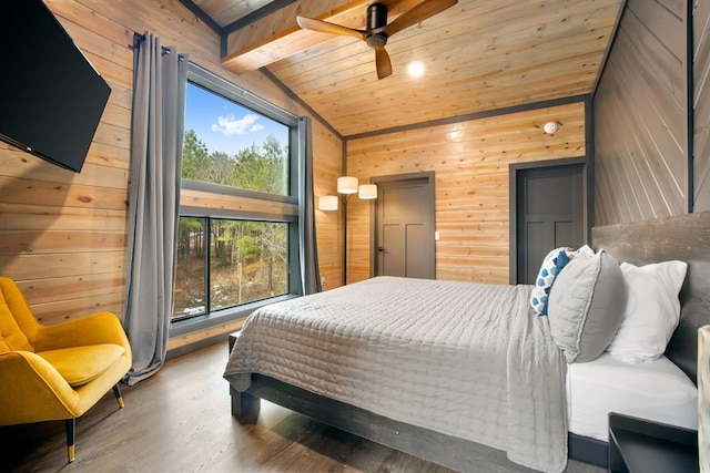 bedroom featuring wood ceiling, wood walls, hardwood / wood-style floors, ceiling fan, and vaulted ceiling with beams