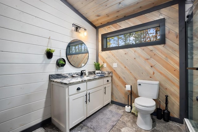 bathroom with toilet, wood ceiling, wooden walls, vaulted ceiling, and vanity