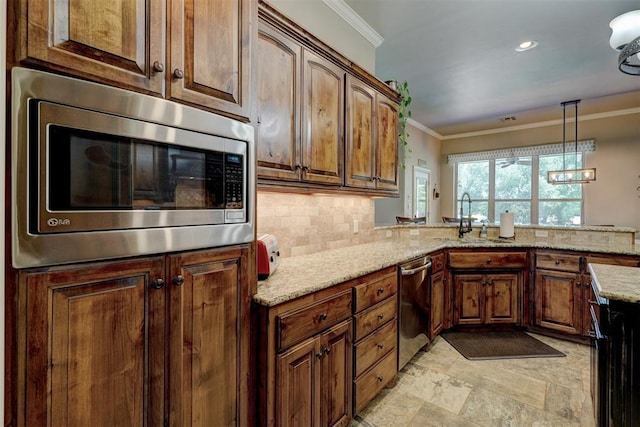 kitchen featuring a sink, stainless steel appliances, ornamental molding, and decorative backsplash