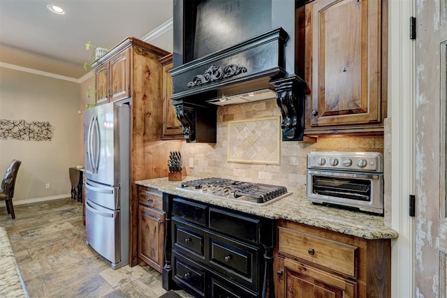 kitchen featuring decorative backsplash, crown molding, custom exhaust hood, and stainless steel appliances