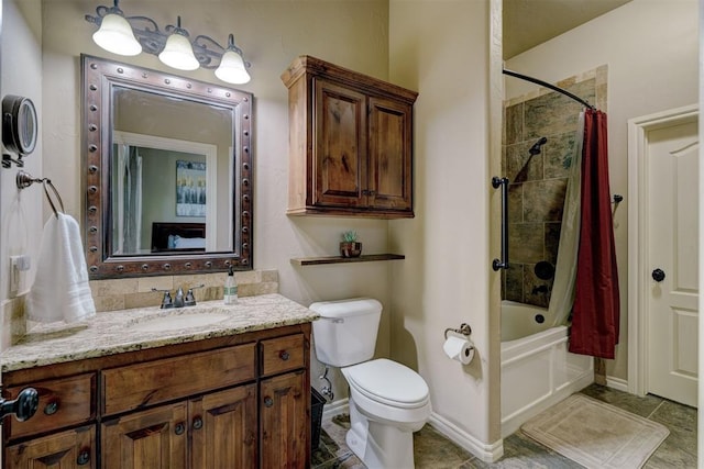 full bath with tile patterned flooring, baseboards, toilet, shower / tub combo, and vanity