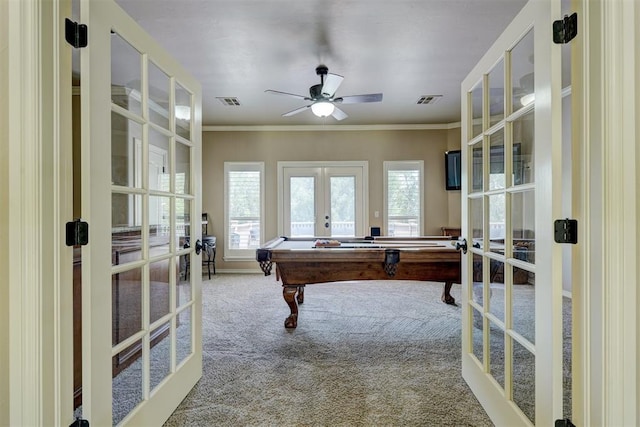 game room with french doors, visible vents, carpet flooring, and a healthy amount of sunlight