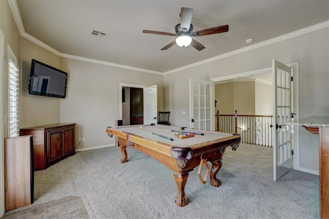 playroom with visible vents, baseboards, carpet, and ornamental molding