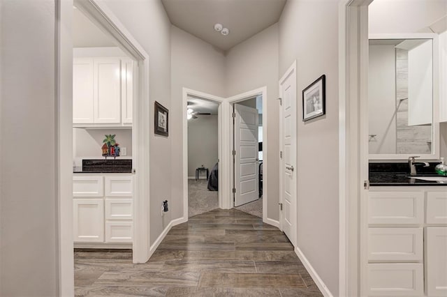 hall with sink and hardwood / wood-style floors