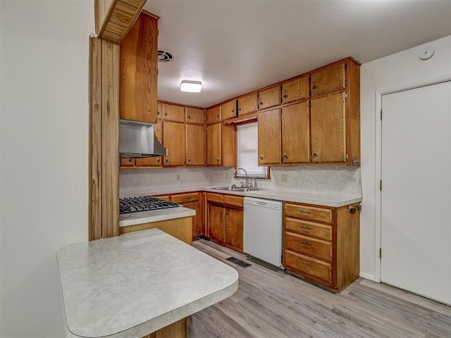 kitchen with stainless steel gas stovetop, dishwasher, sink, backsplash, and light hardwood / wood-style floors