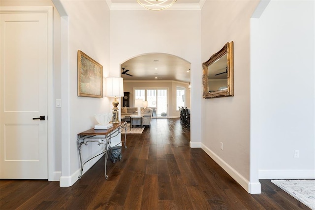 hallway with dark wood-type flooring and ornamental molding