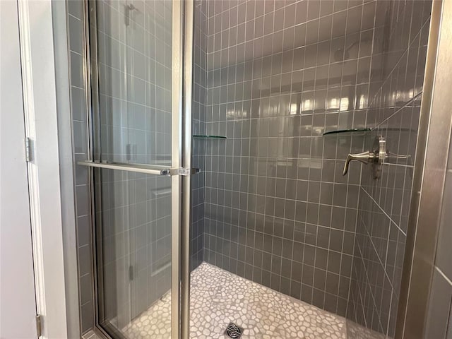 bathroom with a shower with shower door