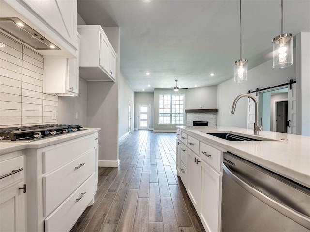 kitchen with a barn door, sink, hanging light fixtures, stainless steel appliances, and white cabinets