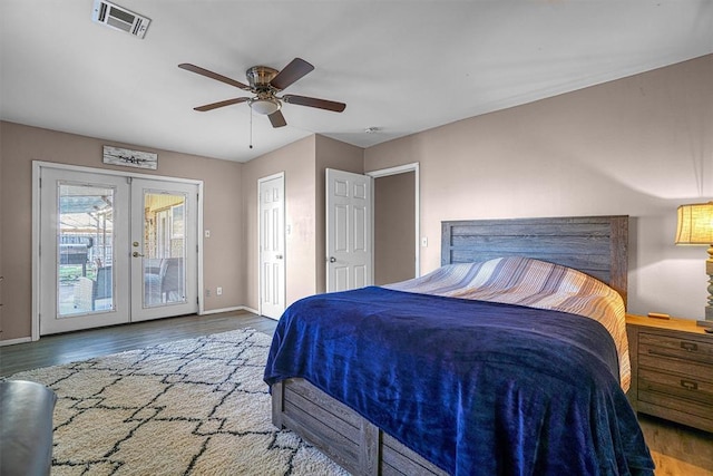 bedroom featuring ceiling fan, access to exterior, wood-type flooring, and french doors