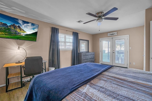 bedroom with ceiling fan, french doors, access to outside, and wood-type flooring