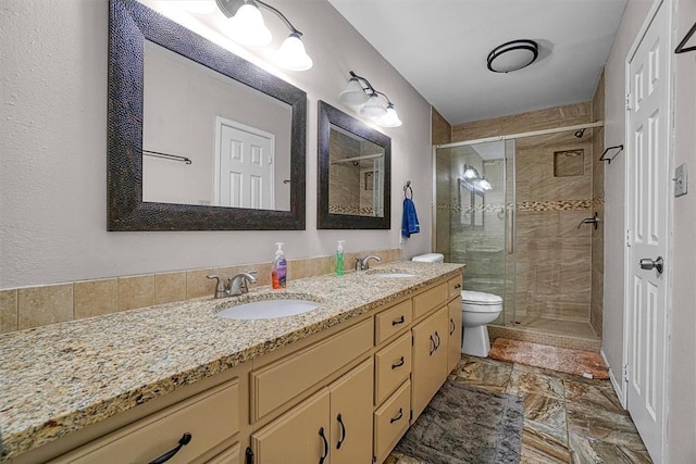 bathroom with a shower with door, toilet, and vanity