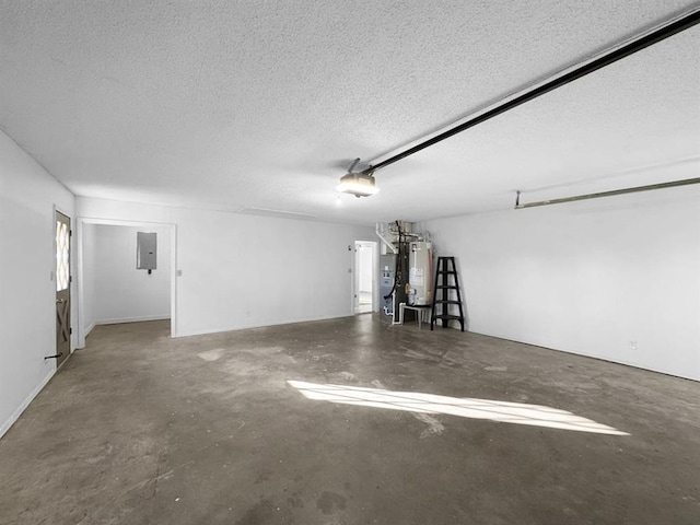 garage with a garage door opener, electric panel, and water heater