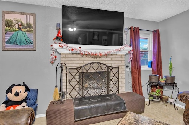 interior space featuring a brick fireplace, light tile patterned flooring, and a textured ceiling