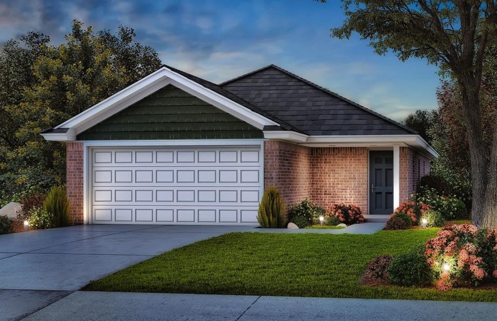 ranch-style home with a garage and a lawn