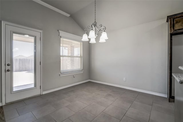 unfurnished dining area with lofted ceiling, light tile patterned floors, and a notable chandelier