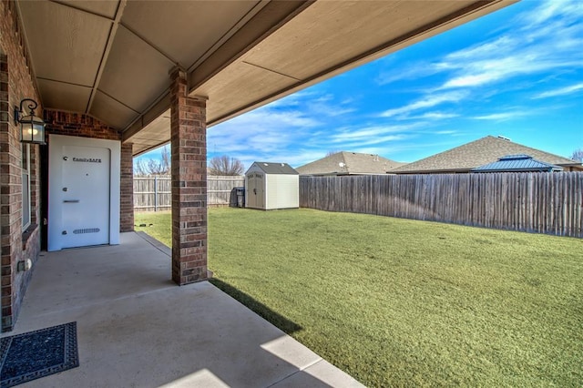 view of yard with a patio and a storage unit