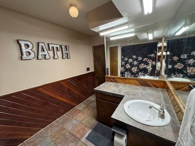 bathroom with vanity and wooden walls