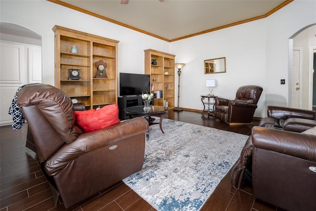 living room featuring arched walkways, crown molding, baseboards, and wood tiled floor