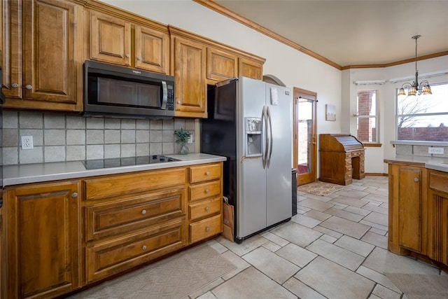 kitchen with brown cabinets, stainless steel refrigerator with ice dispenser, black electric stovetop, light countertops, and backsplash